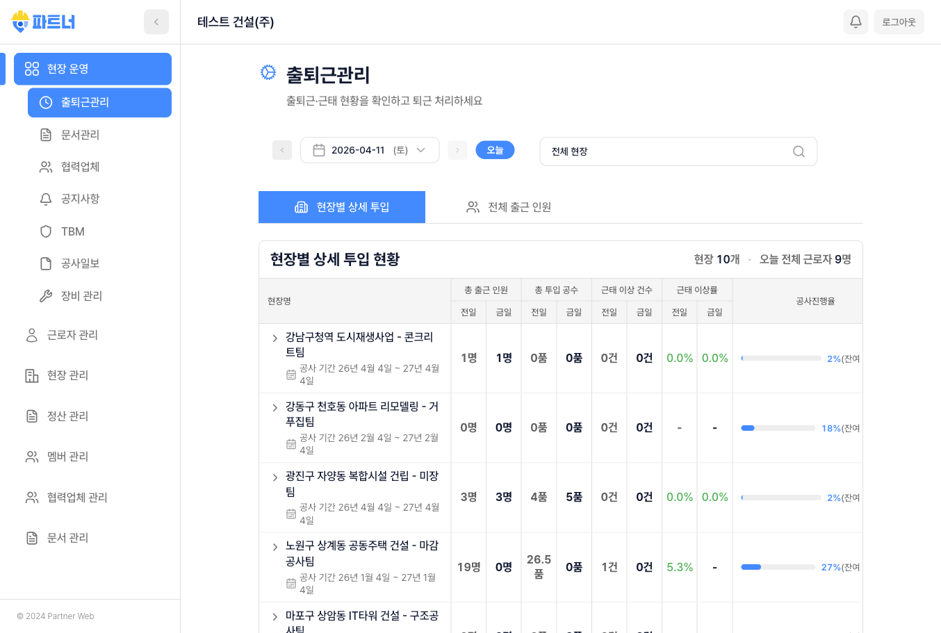 출퇴근관리 화면